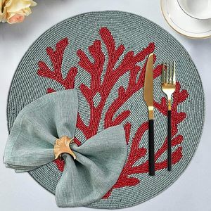 Antique Blue Teal Red <b>Beaded</b> <b>Placemats</b> With Coral Design for Wedding Christmas Decorations Family Gatherings Impressive Parties - Product Image 4