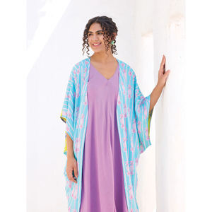 Kimono para Mujer, Color Azul Claro, Estampado Floral Rosa, Transpirable, de Algodón, Manga Larga, para Uso Diario en Todas las Estaciones - Product Image 4