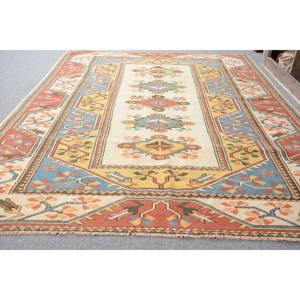 Traditional Vintage <b>Turkish</b> <b>Rug</b> Beige Blue 5.4 X 7.7ft Patchwork Pattern Machine Made of Wool Cotton Polyester for Living Room - Product Image 3