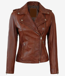 Brown Leather Jacket for Women Fashionable Two Zipper Pocket <b>Long</b> Clothing with Fabric Material for Wholesale Biker Jackets - Product Image 1