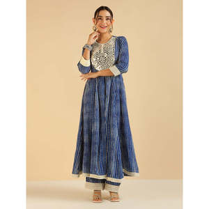 Conjunto de Túnica Elegante Bordada con Rayas Azules y Pantalones Palazzo para Mujer, Mangas Tres Cuartos, Tela Crepé, Primavera/Verano - Product Image 6