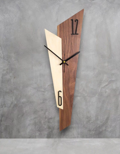 Horloge murale en bois silencieuse asymétrique artisanale, style Art Déco, à quartz analogique, bicolore, pour la décoration du salon - Product Image 3