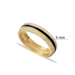 Anillo de Boda con Circonitas y Baño de Rodio sobre Esmalte Negro, Joyería Turca Hecha a Mano, Plata de Ley 925, Venta al Por Mayor - Product Image 3