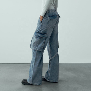 Pantalones cargo de mezclilla desgastados personalizados para mujer de nuevo estilo, pantalones vaqueros azules sueltos holgados para mujer con bolsillos laterales - Product Image 2