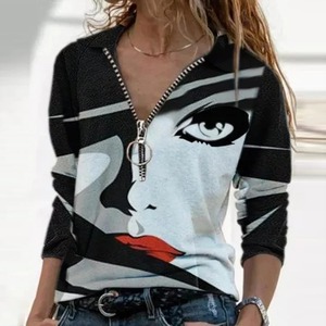 Blusa suelta de manga larga con cuello Polo Vintage Y2K estampado geométrico camisas de gran tamaño elegante señora Tops Streetwear - Product Image 4