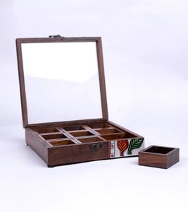 Boîte à épices en bois de manguier à feuilles rouges avec 9 cloisons Conteneurs à épices avec cuillère Décor de cuisine en bois Compartiment amovible - Product Image 4