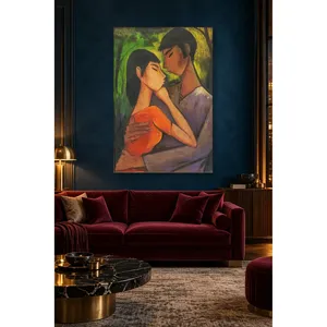 Fida Otto Mueller, amoureux s'embrassant sur fond vert, impression sur toile - Product Image 2
