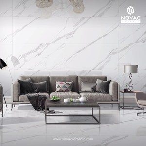 Azulejos de porcelana pulida Novac de 60x120 cm, diseño moderno, Statuario Lasa en acabado blanco brillante para sala de estar - Product Image 1