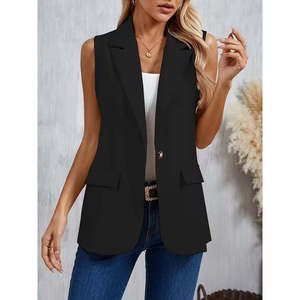 Veste en satin sans manches pour femme, col à bouton unique sur le devant, 32945 - Noir - Product Image 4