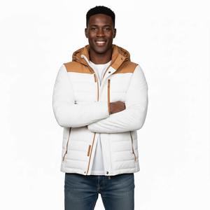 Chaqueta Acolchada de Invierno para Hombre, con Cuello Alto, Diseño de Bloques de Color Blanco y Marrón, Dos Tonos - Product Image 3