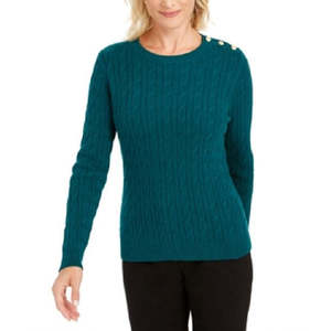 Pull en maille torsadée vert premium pour femme Charter Club, avec appliques boutonnées, fin, respirant, style ouvert décontracté, hiver, taille L - Product Image 1