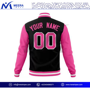 Chaqueta universitaria de manga rosa de Color negro sólido superventas, chaqueta universitaria con cuello acanalado y logotipo de chenilla personalizado para hombre - Product Image 4
