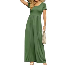 Robe longue décontractée à manches courtes vert olive pour femme tenue décontractée légère et confortable avec col rond - Product Image 2