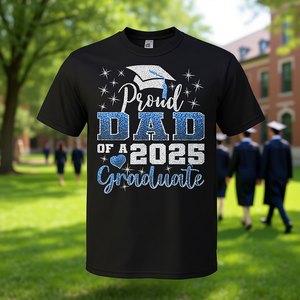 Proud Dad Of A 2025 Graduate T-Shirt <b>Blue</b> <b>Glitter</b> Design Graduation Gift - Product Image 3