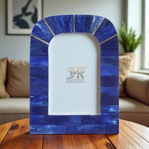 Cadre photo en incrustation d'os fait à la main avec du bois bleu et un motif de lignes dorées, design artistique moderne pour la décoration murale/de table - Product Image 2