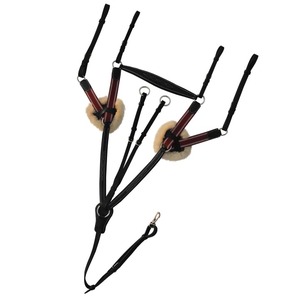 Black Color Leather Five Point Breastplate With <b>Running</b> Attachment and Sheepskin Fur <b>Padding</b> - Burgundy Elastic & White Strips - Product Image 3