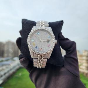 Montre en diamant moissanite étincelante, acier inoxydable, VVS1, ensemble complet, luxe, hommes et femmes, montre-bracelet à chiffres romains - Product Image 3