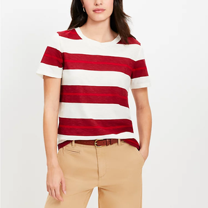 Camiseta clásica Regular 100% de algodón a rayas para todos los días con cuello redondo de manga corta para mujer - Product Image 2