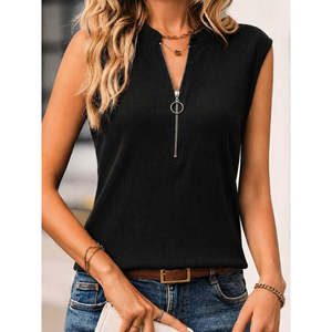 Women'<b>s</b> Short-Sleeved Mandarin Collar Front Zippered Crepe <b>Blouse</b>, 36609 - Black - Product Image 1