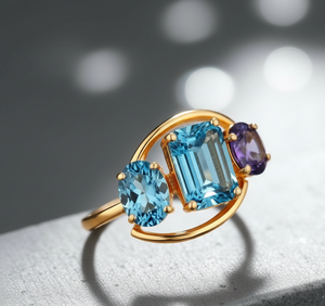 Blue Topaz Hydro 7*10 Octagon Round CZ 18K Gold Plated 925 Sterling Silver Ring US Size 6 Gift for Women Everyday Wear - Product Image 4