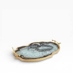 Green Natural Agate <b>Stone</b> Rectangular Decorative Tray with Layered Crystal Texture and Gold Fan Style Handles - Product Image 6