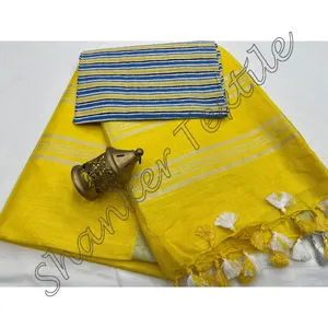 Heavy Linen Cotton Fabric Saree With Cotton Printed Matching Blouse linen cotton saree with printed latest design blouse