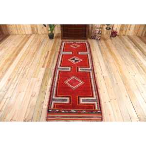 Turkish Vintage <b>Runner</b> Rug 3.3x9.8 ft, <b>Red</b> Gray Moroccan Wool Rug - Product Image 1