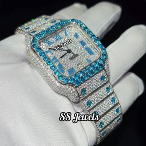 Montre de luxe unisexe glacée VVS Moissanite diamant en acier inoxydable montre en verre pierre précieuse bleue 41mm diamètre ETA mouvement mécanique passe - Product Image 2