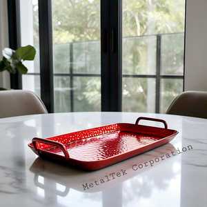 Bandeja de servicio roja de Metal martillado, utensilios de cocina, utensilios de Bar, hogar, Hotel, restaurante, bandejas decorativas para frutas y Chocolate con asas - Product Image 2