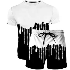 Ensemble survêtement court vintage délavé à l'acide avec impression en relief personnalisée 30MOQ, streetwear vintage, impression sérigraphique avec strass et ensembles de t-shirts pour hommes - Product Image 5