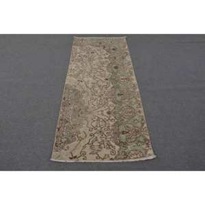 Alfombra turca Vintage, área grande, 2,7x6,4 pies, lana hecha a mano con patrón de retazos verde y Beige, respaldo de látex para decoración de habitación de pasillo - Product Image 1