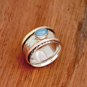 Blue Chalcedony <b>Spinner</b> <b>Ring</b> Two Tone Hammered Meditation Band Stackable Silver <b>Ring</b> <b>for</b> <b>Women</b> in 925 Sterling Silver - Product Image 3