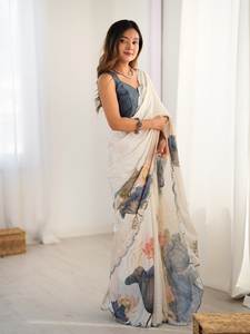 Hermosos Saris Tradicionales Ligeros de Chinnon para Mujer, Hechos a Mano Digitalmente, de Secado Rápido, Corte Regular, para Fiestas, Bodas y Más - Product Image 6