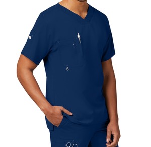 Uniforme d'infirmière à manches courtes pour hommes, col en V ouvert, 3 poches, couleur unie, avec boucle contrastée, uniforme d'hôpital à l'avant. - Product Image 3