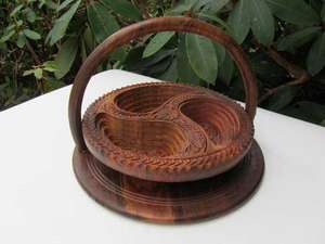 Elegant Handcrafted <b>Wooden</b> Fruit <b>Basket</b> with Carved Flower Style Collapsible and Decorative with Circular Trivet or Holder - Product Image 4