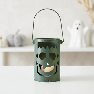 Lanterne porte-bougie rustique en métal galvanisé pour Halloween avec poignée, motifs découpés chauve-souris, chat, citrouille pour la décoration intérieure - Product Image 4