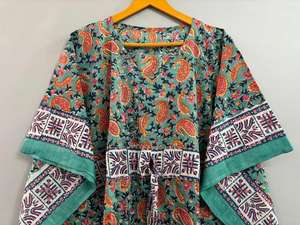 100% algodón Maxi Beach Coverup Top naranja Paisley estampado caftán hasta el suelo ropa de dormir informal cintura Natural bloque estampado elegante - Product Image 2