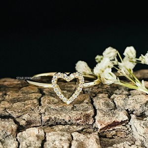 14K Solid <b>Gold</b> Natural Diamond <b>Dainty</b> Heart <b>Ring</b>. - Product Image 3