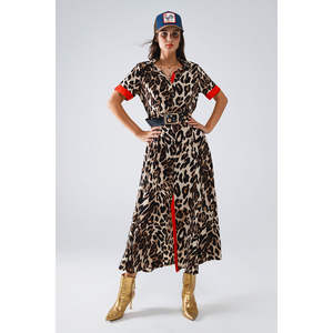 Vestido Casual Maxi con Estampado de Leopardo, Detalles Rojos, Cierre de Botones, Cintura Imperio, Decoración Hueca, Talla XL, para Ocasiones Diurnas, Temporada de Primavera - Product Image 1