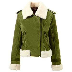 Femmes Vert Olive Véritable Daim Sherpa Shearling Col En Fausse Fourrure Chaud Vêtements D'hiver Zip-Up Avi-ator Veste En Cuir - Product Image 1