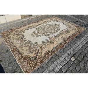 Classic Beige <b>Brown</b> Patchwork Turkish Floral <b>Wool</b> Rug 6.5 X 9.5 ft for Entryway Living Home Rectangular Hallway Design Latex - Product Image 3