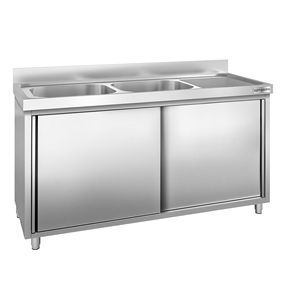 Meuble d'évier commercial PREMIUM - Acier inoxydable - 1800x700mm - avec 2 bacs à gauche - Product Image 1
