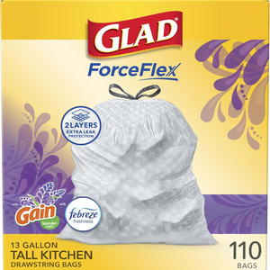 Sacs poubelle Glad ForceFlex Lavender 13 gallons, grands, à cordon, pour cuisine, 110 unités, très résistants, jetables, en plastique transparent - Product Image 5