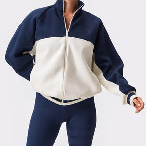 Sweat à capuche zippé de style universitaire pour femmes, tissu tricoté d'automne avec un design de bloc de couleur doublé - Product Image 1