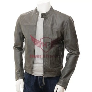 Chaqueta de motorista de cuero gris para hombre, Cafe Racer estilo atemporal, ajuste ajustable, diseño elegante con forro de Popelina, bolsillos con cremallera - Product Image 1