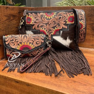 Nuevo bolso de flecos de cuero de vaca genuino personalizado y bolso de mano con diseño de girasol para mujer conjuntos combinados de 2 piezas - Product Image 1