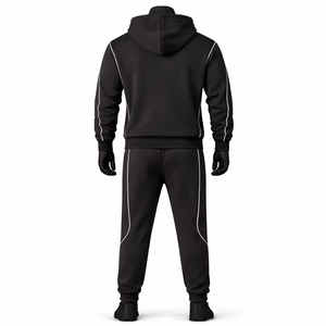 Wellprove Men's Black Hooded 100% Cotton Winter <b>Tracksuit</b> Set Full Sleeve Solid Color Casual Sportswear White <b>Stitching</b> Side - Product Image 2