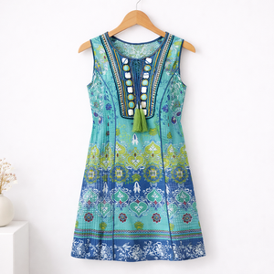 Vestido corto de algodón estampado con cuello bordado y borla pliegues rosas en los lados vestido de fiesta estampado para damas - Product Image 3