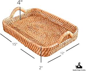 Lot de 3 plateaux de service en rotin de forme rectangulaire faits à la main de style exclusif présentoir de fruits plateau de table restaurant hôtel fourniture d'articles - Product Image 6