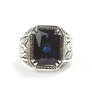 925 Sterling <b>Silver</b> Rectangular Sapphire Stone Men's Statement <b>Ring</b> <b>Emerald</b> Cut Bezel Setting Everyday Wear Princess Cut Diamond - Product Image 4